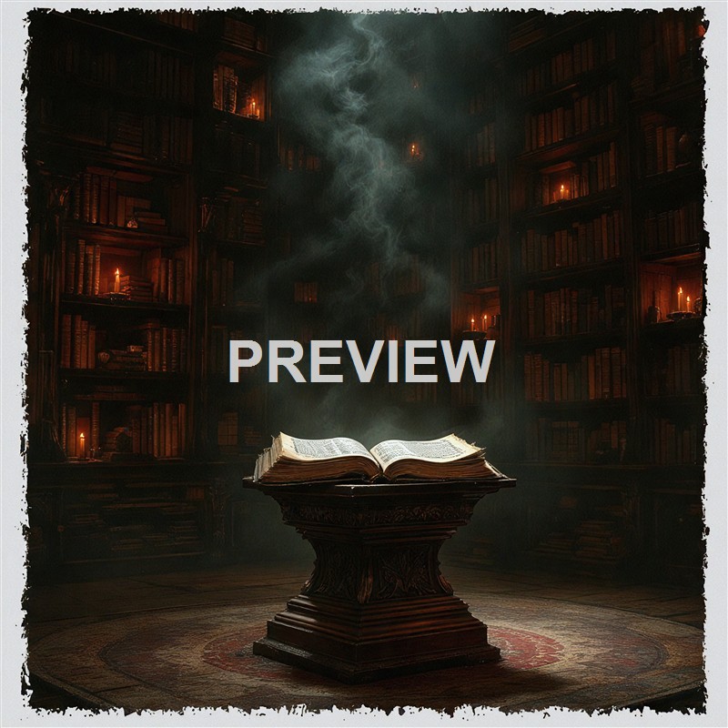 An open ancient-looking book is placed on a decorative stand in the center of a dimly lit library with tall wooden bookshelves filled with numerous books, and faint smoke or mist rising from the pages.